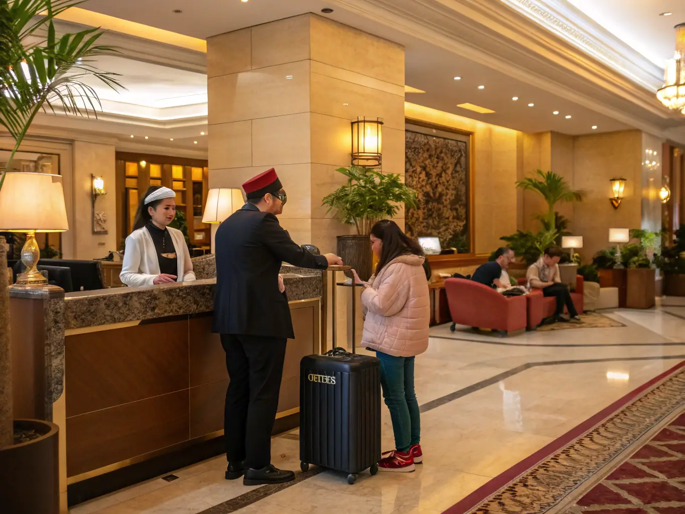 A friendly EdinburghEscapes staff member assisting a guest at check-in, conveying the exceptional customer service provided by the company.