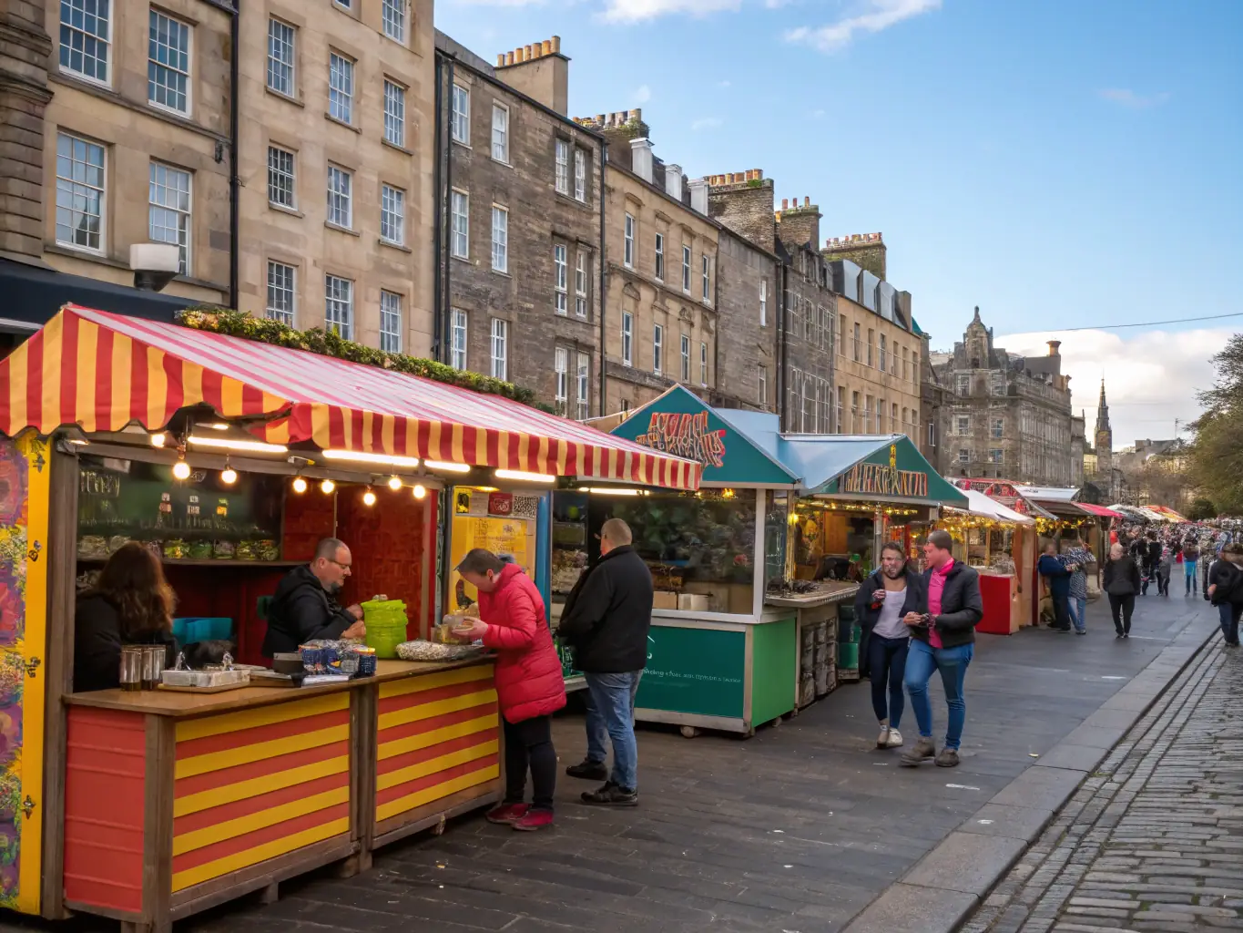 The Royal Mile, a bustling street lined with historic buildings, shops, and street performers, leading to Edinburgh Castle.